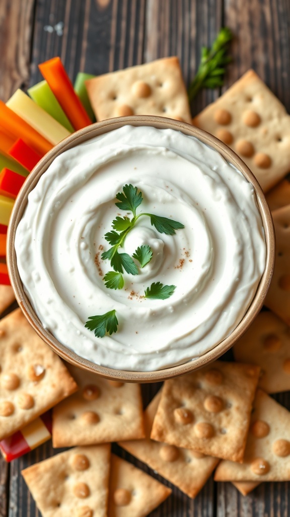 Creamy Onion Yogurt Dip Recipe Creamy onion yogurt dip in a bowl with parsley, served with vegetable sticks and pita chips on a rustic table.